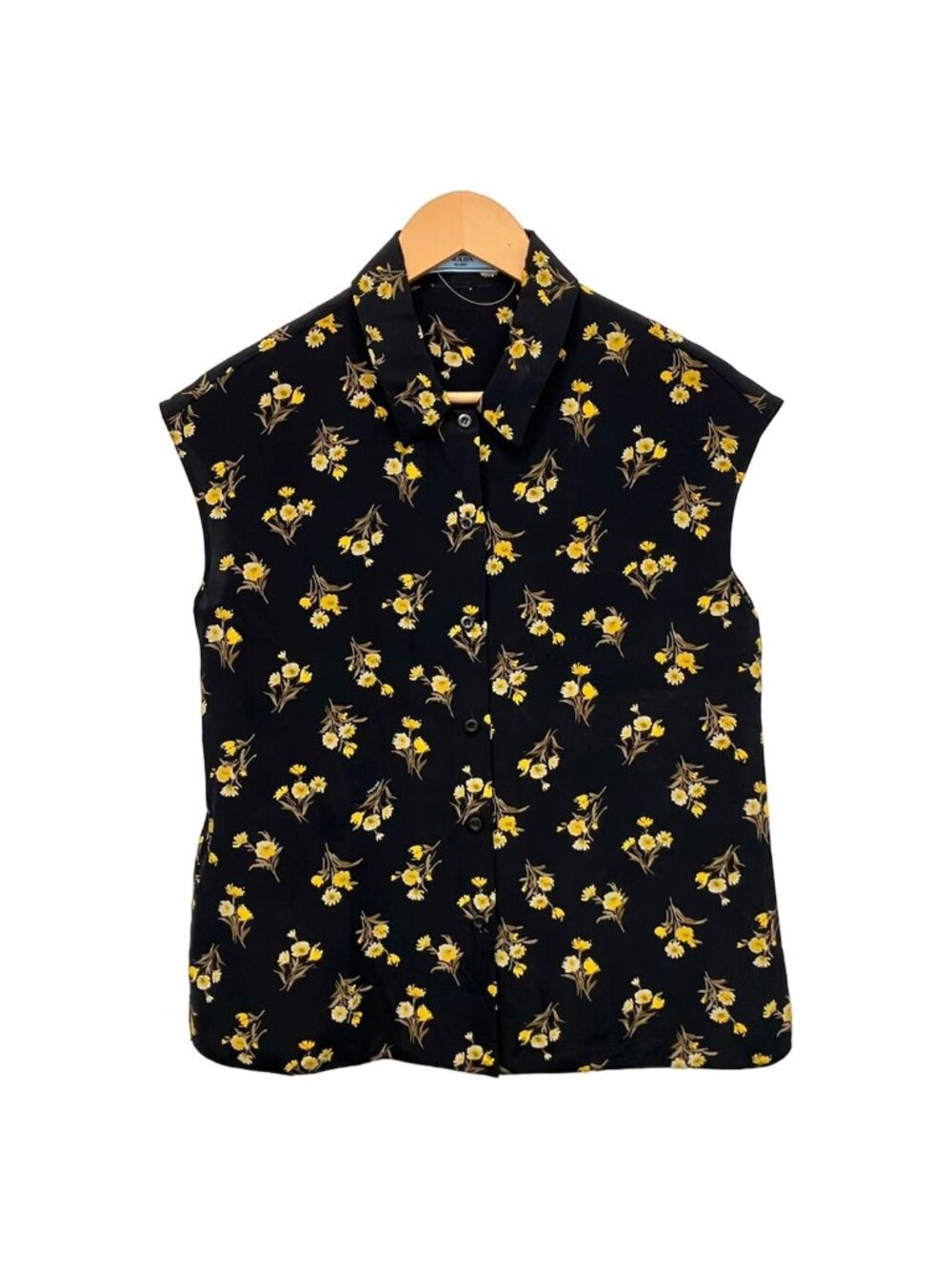 Prada Sleeveless Shirt Blouse M Black Yellow Multi Silk Floral Pattern Sheer